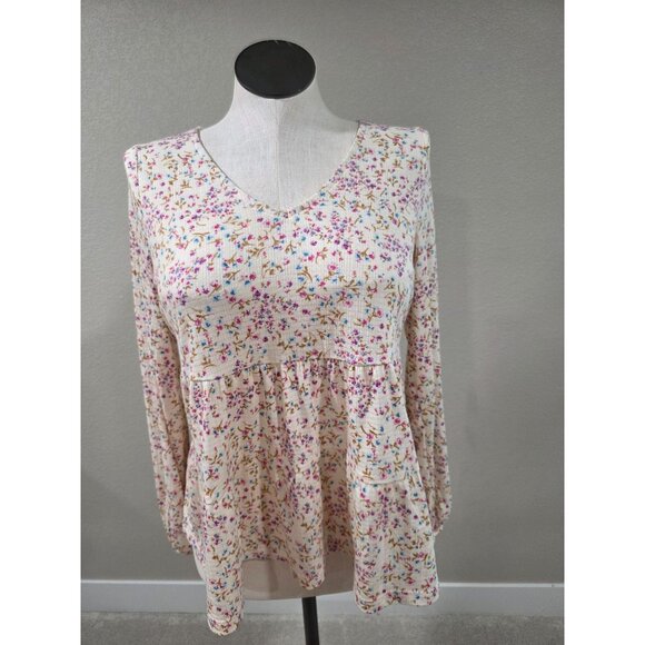 Torrid Floral Print Ribbed Peplum Long Sleeve Top Size M Cream/Pink/Blue Stretch - Picture 1 of 5